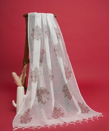 White Leaf Duppata Kota Doria Hand Block Print
